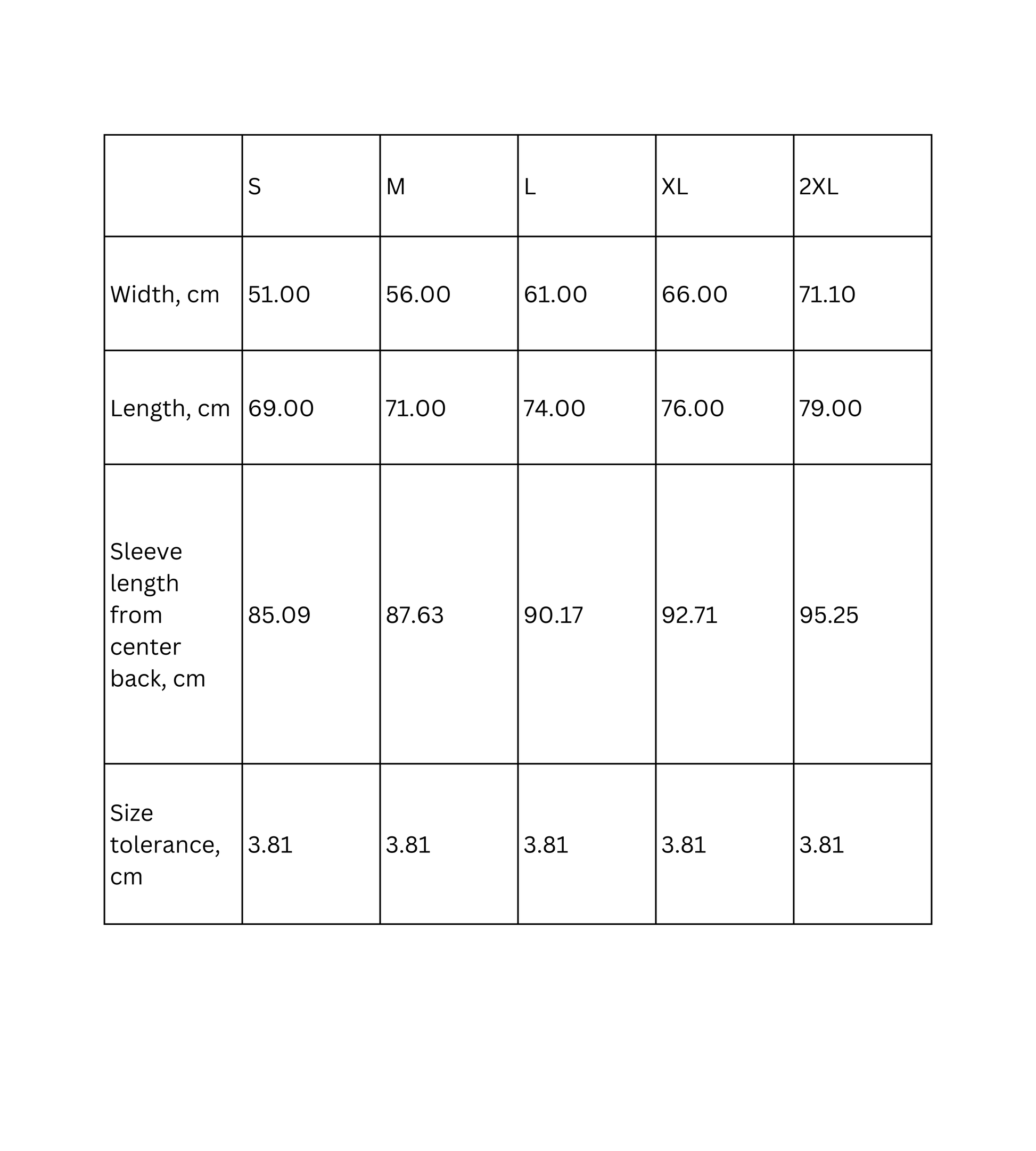 Size chart for hoodie with measurements in centimeters for S, M, L, XL, and 2XL including width, length, and sleeve details.