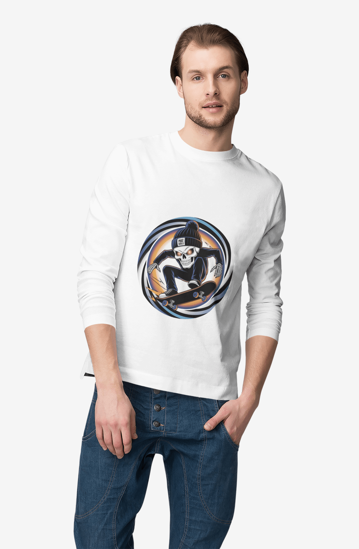 Edgy skater long sleeve tee featuring a skeleton mid trick on a skateboard, wearing a beanie with 'Phat Skulls' design.