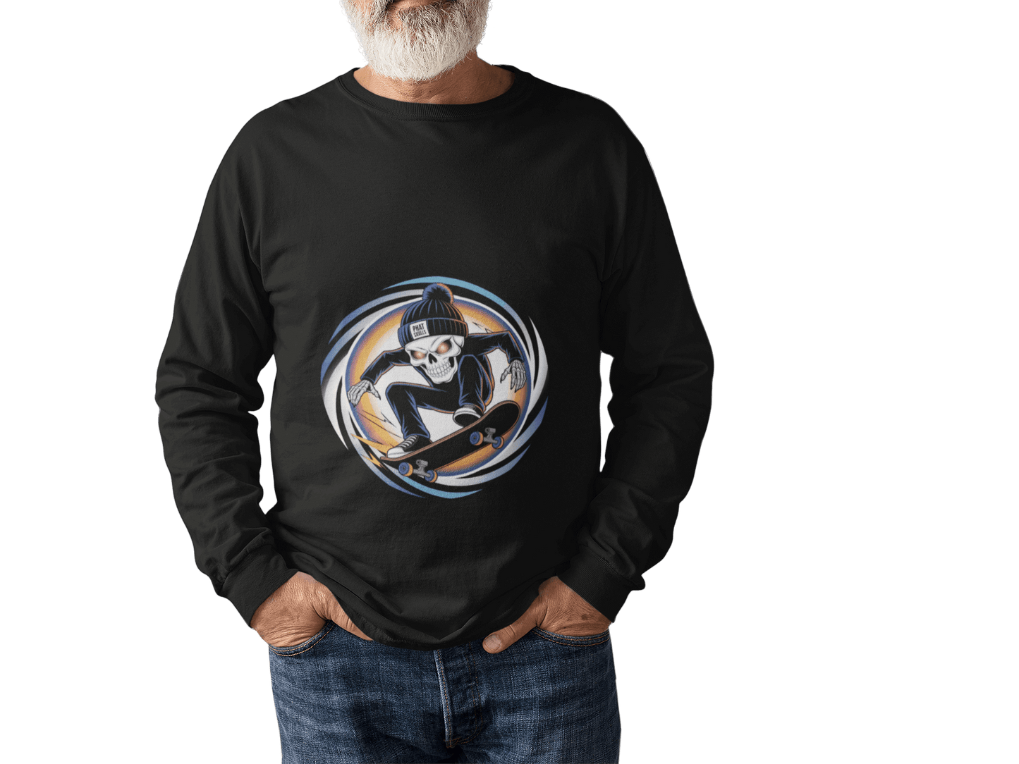 Edgy skeleton skater long sleeve tee featuring a skeleton mid trick on skateboard with beanie saying 'Phat Skulls', perfect for urban wear.