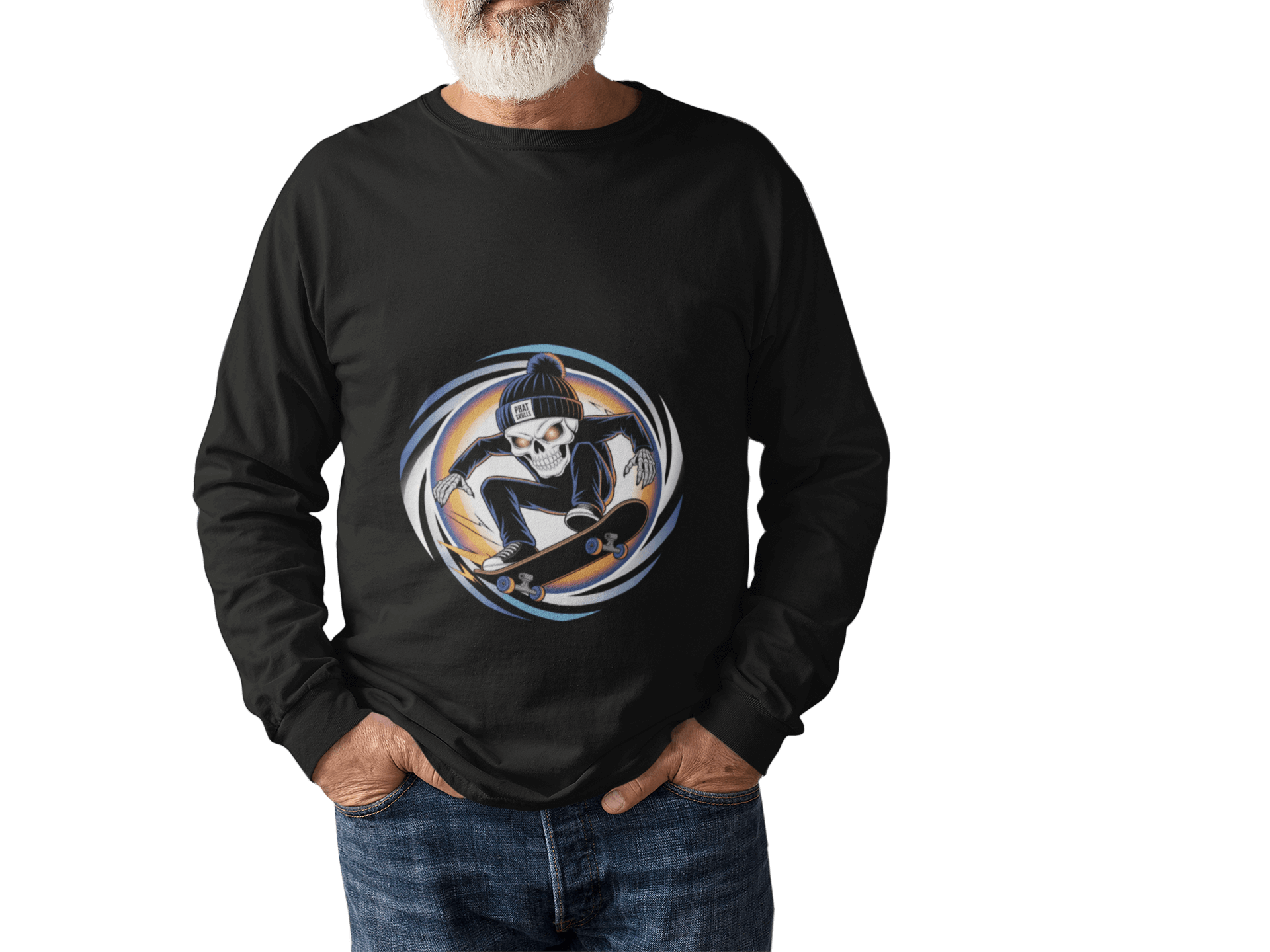 Edgy skeleton skater long sleeve tee featuring a skeleton mid trick on skateboard with beanie saying 'Phat Skulls', perfect for urban wear.