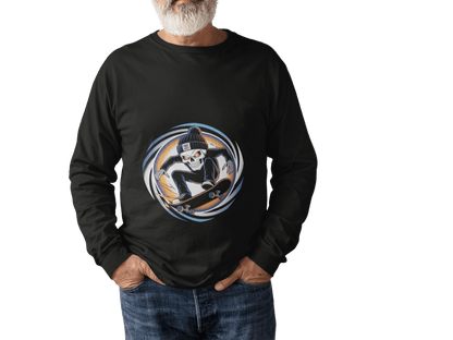 Edgy skeleton skater long sleeve tee featuring a skeleton mid trick on skateboard with beanie saying 'Phat Skulls', perfect for urban wear.