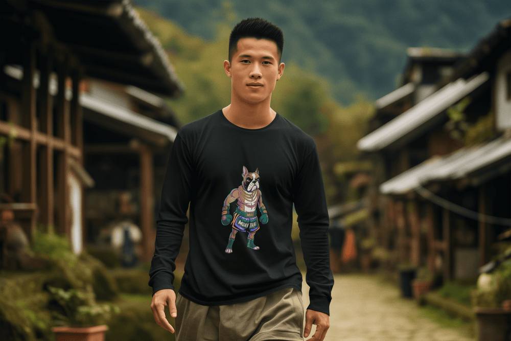 Long Sleeve Tee - Cartoon Boxer Dog Muay Thai Fighter Design - Cookies Trend Collective