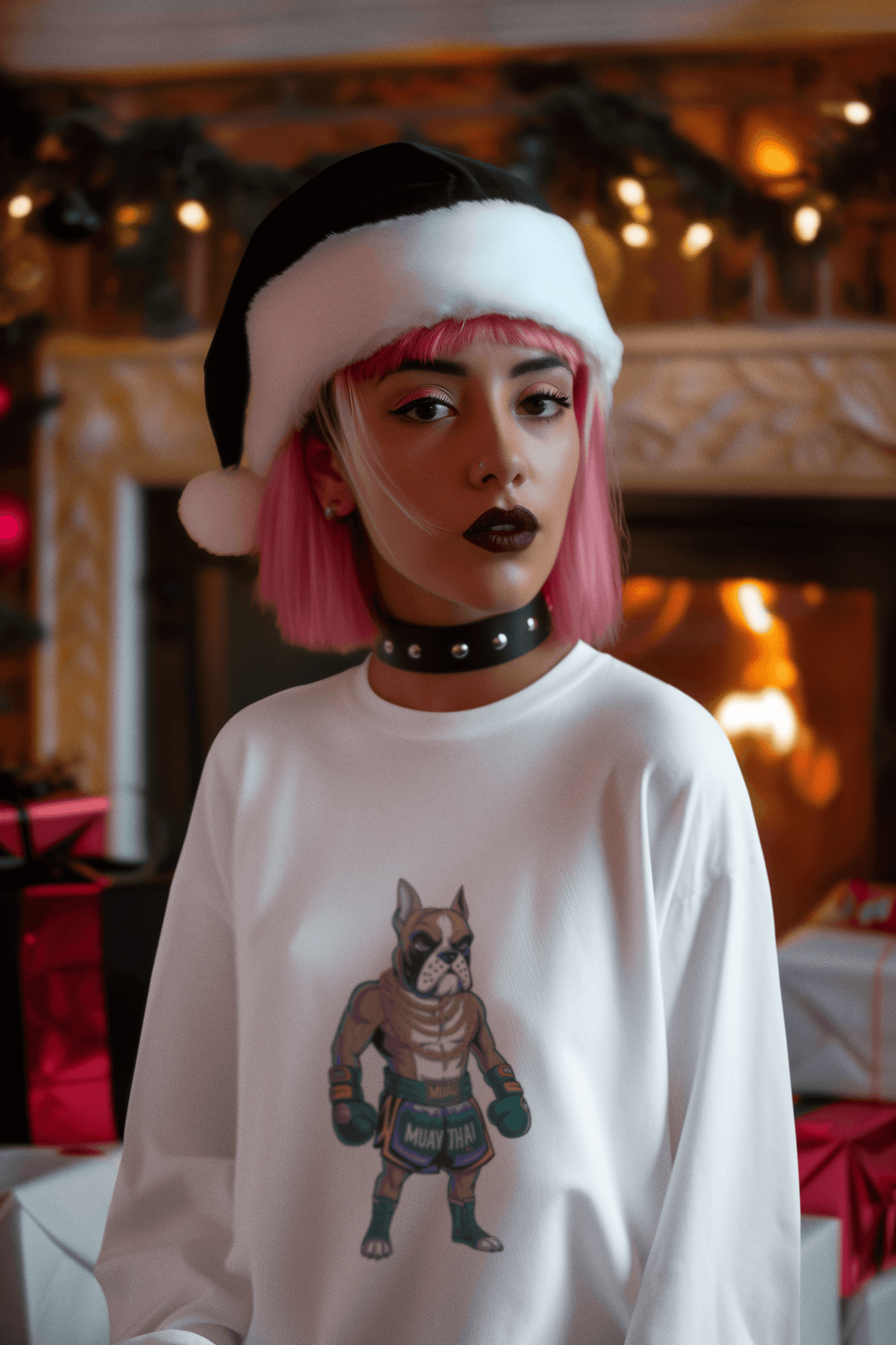 Long sleeve tee with a cartoon boxer dog Muay Thai fighter design, festive setting with holiday decor.