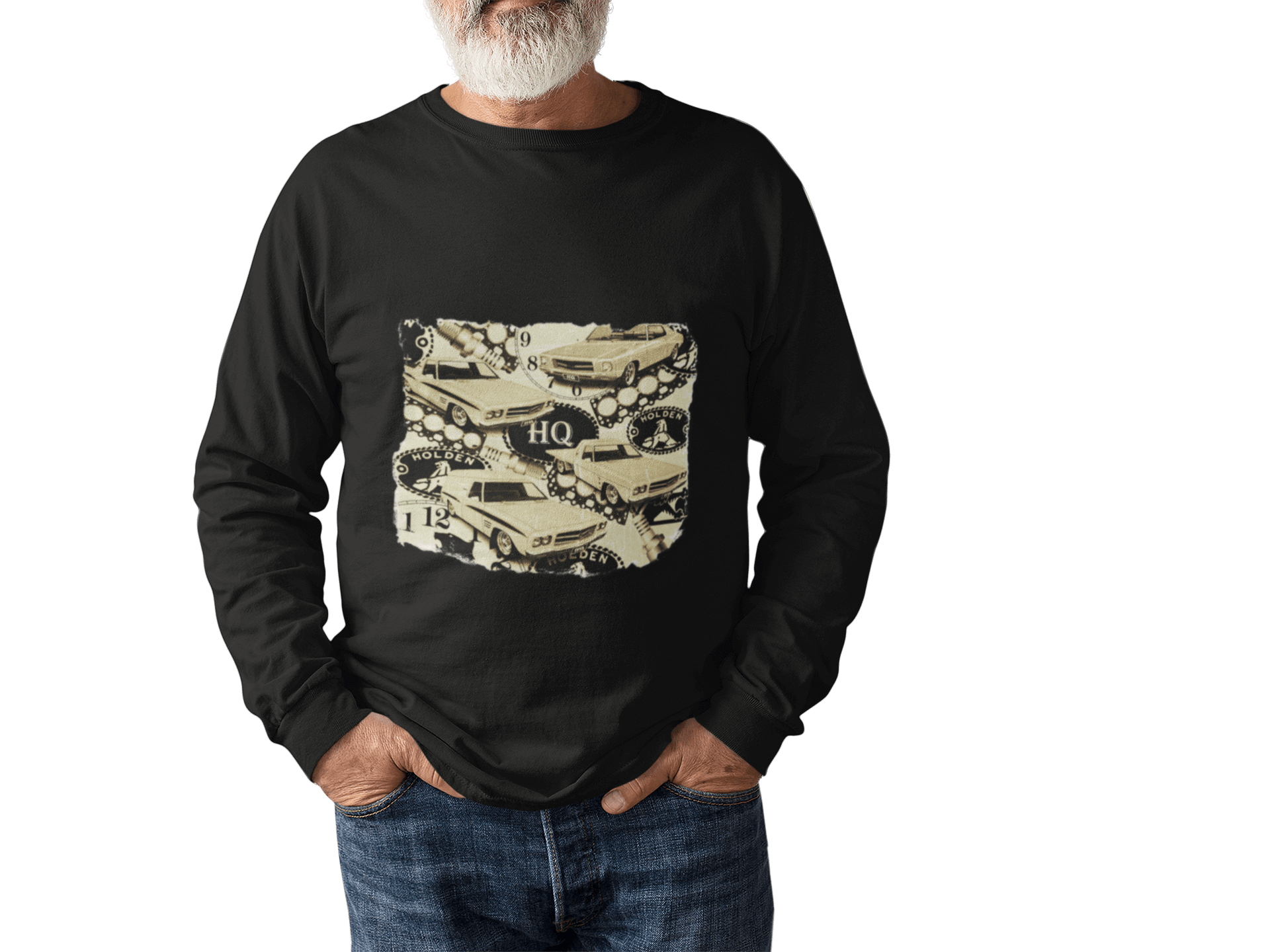 Vintage Holden cars long sleeve t-shirt featuring retro 70's HQ designs, perfect for classic car enthusiasts.