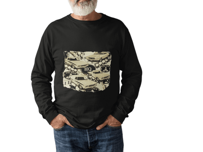 Vintage Holden cars long sleeve t-shirt featuring retro 70's HQ designs, perfect for classic car enthusiasts.