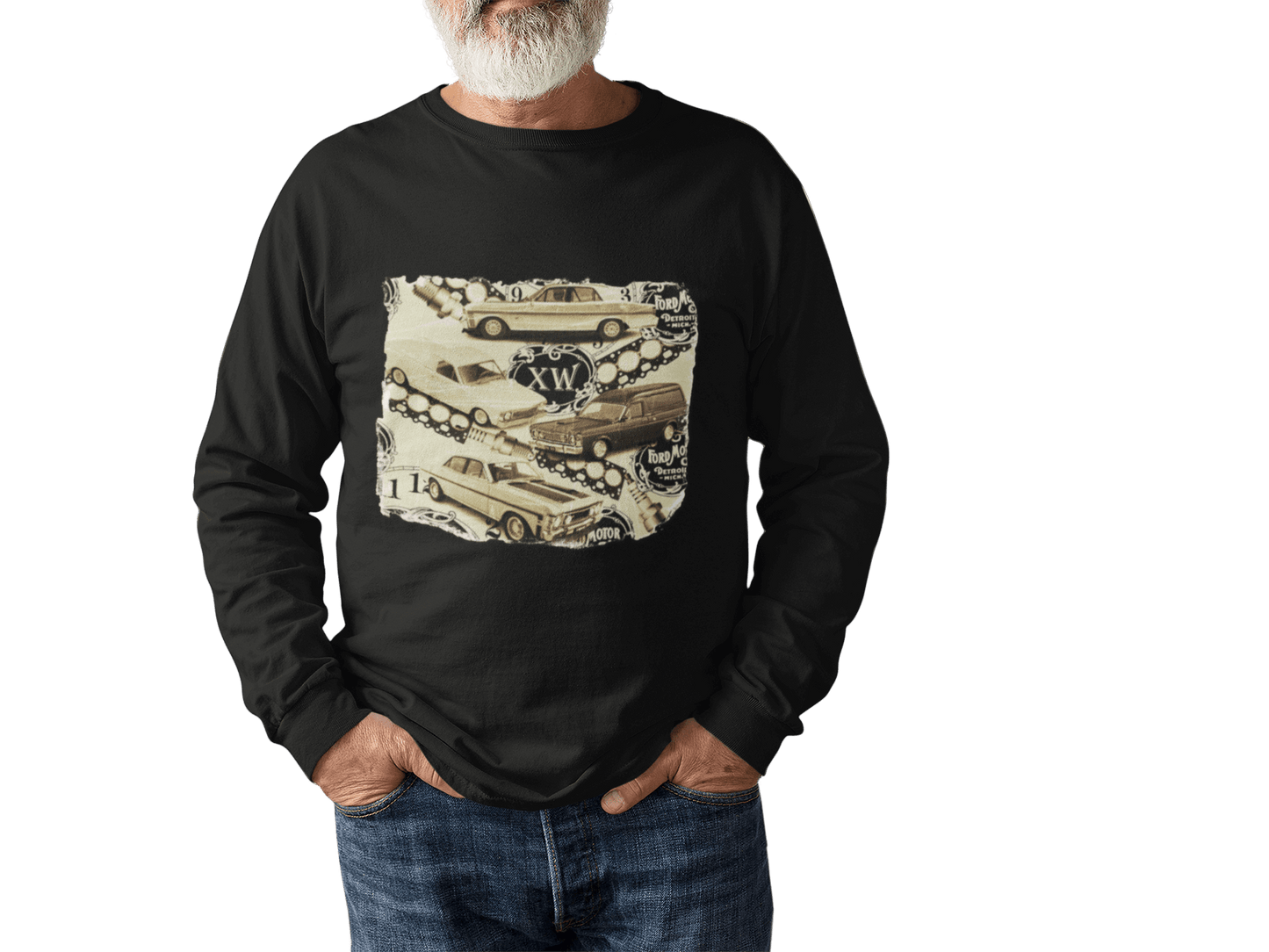 Vintage Ford long sleeve t-shirt featuring iconic XW Falcon muscle cars design, perfect for car enthusiasts.