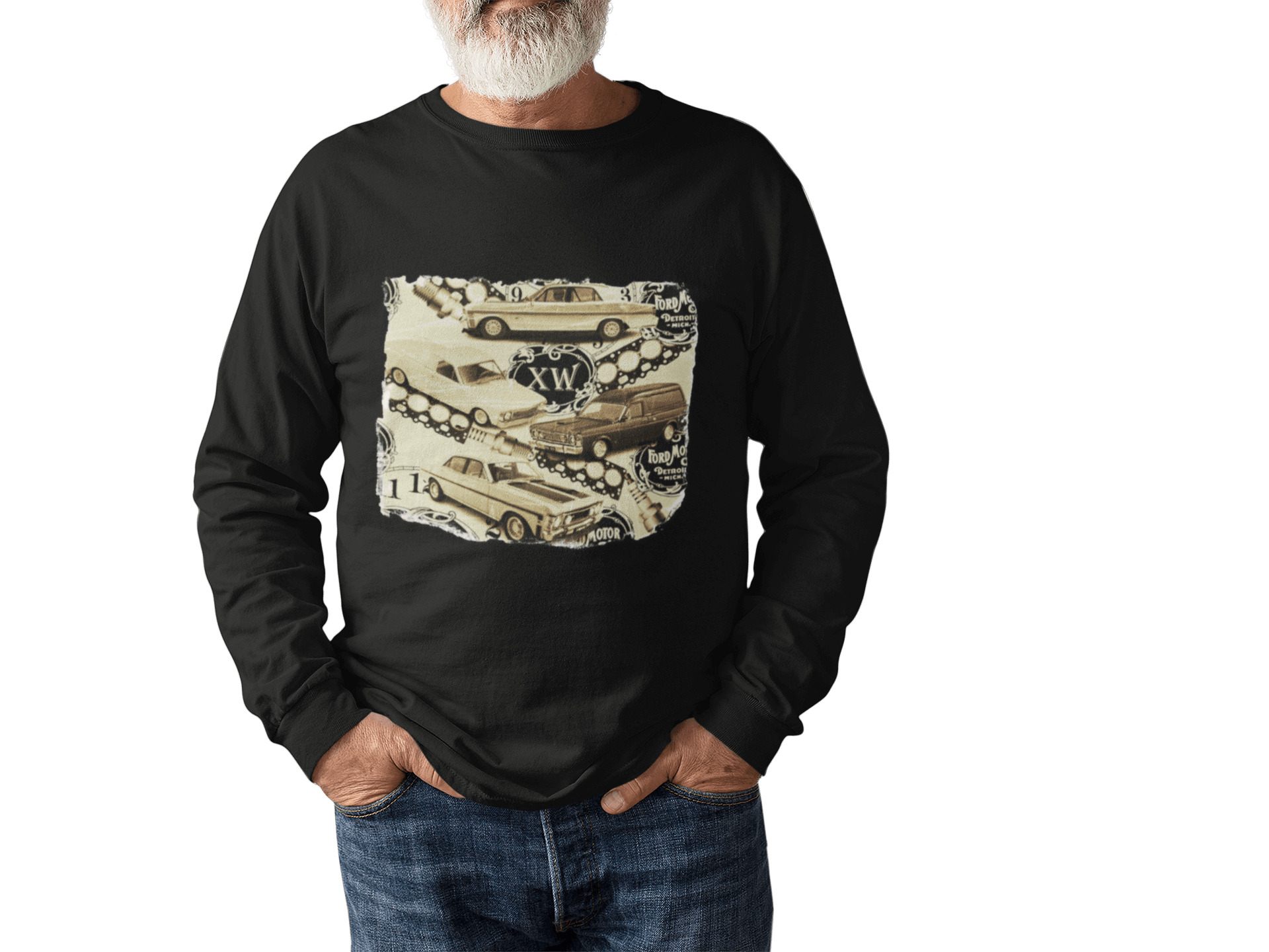 Vintage Ford long sleeve t-shirt featuring iconic XW Falcon muscle cars design, perfect for car enthusiasts.