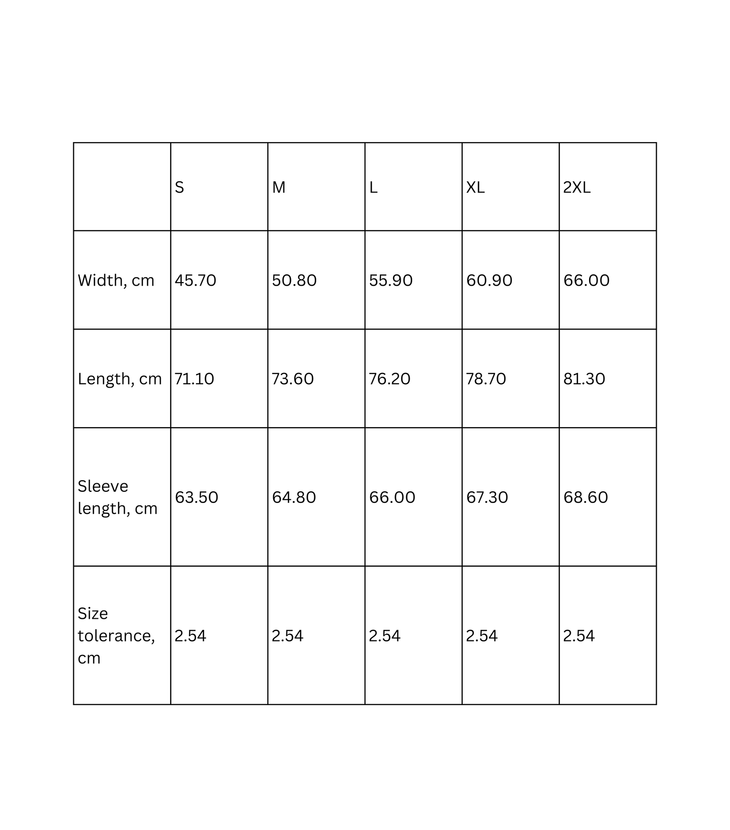 Sizing chart for Vintage Sunset Beach long sleeve t-shirt with measurements for different sizes in cm.