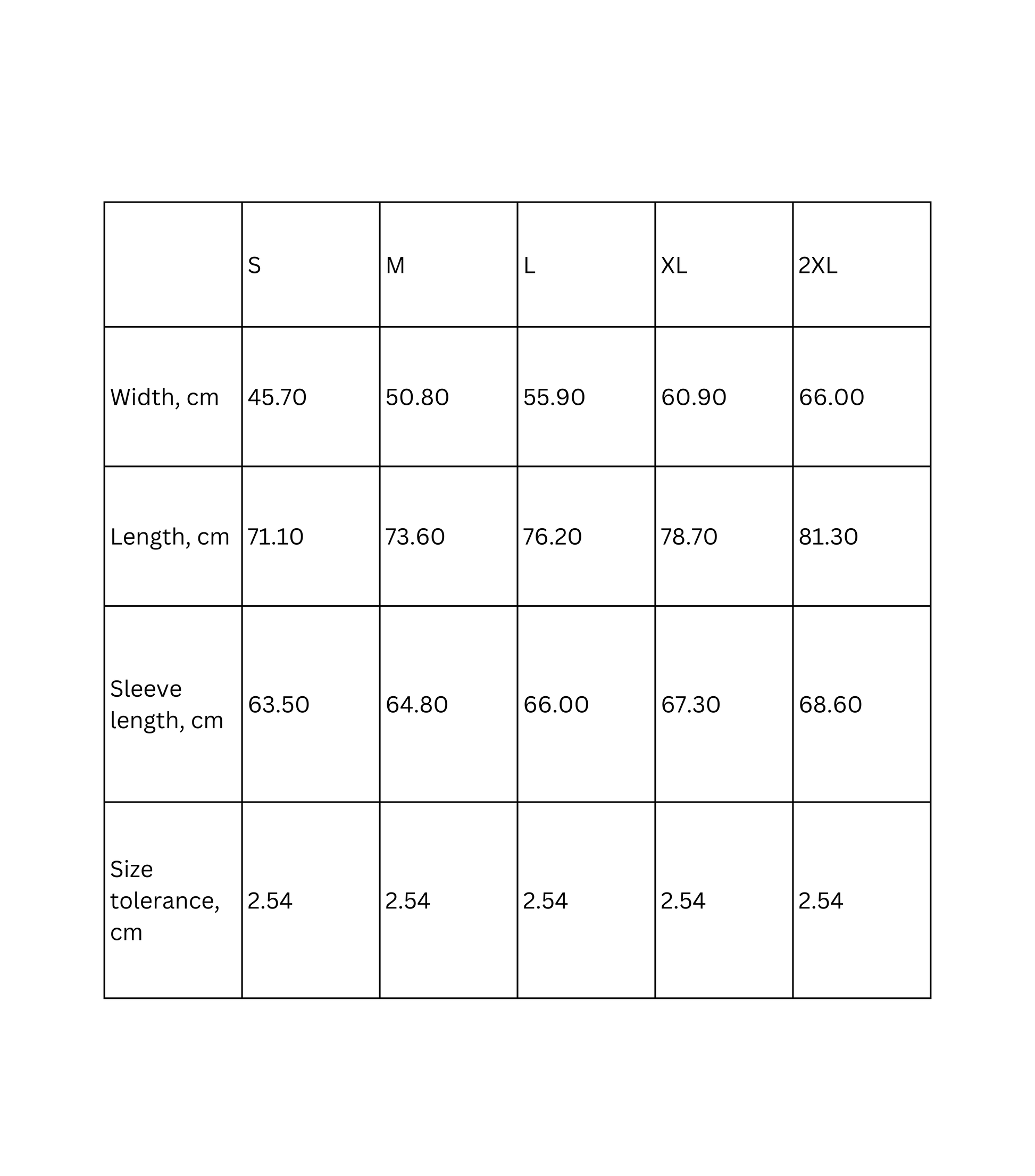 Sizing chart for Vintage Sunset Beach long sleeve t-shirt with measurements for different sizes in cm.