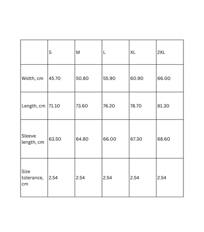 Sizing chart for Vintage Sunset Beach long sleeve t-shirt with measurements for different sizes in cm.