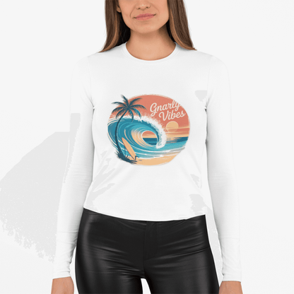 Unisex Vintage Sunset Beach long sleeve t-shirt with Gnarly Vibes surf culture design, big wave scene, and tropical sunset colors.