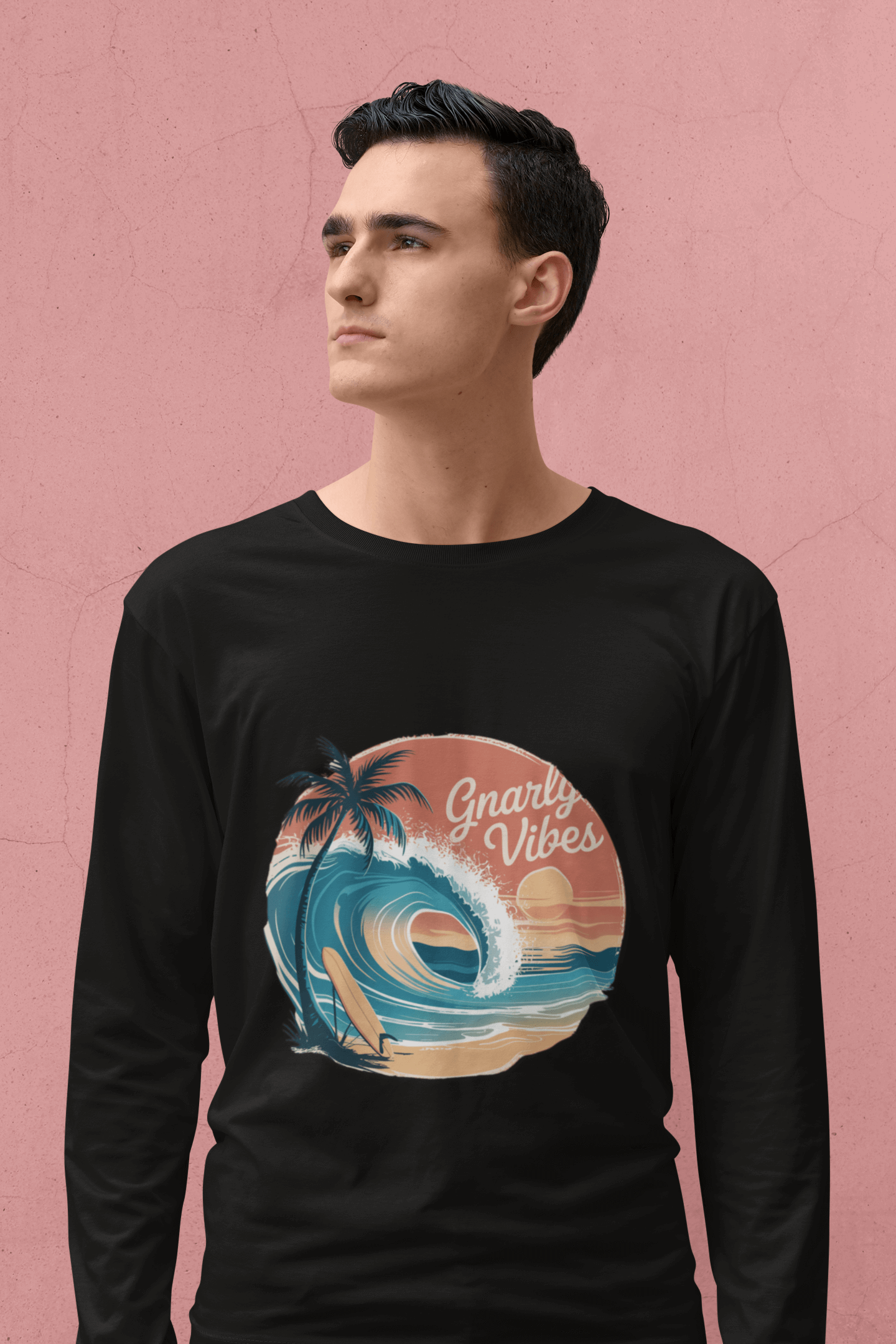 Vintage sunset long sleeve tee hoodie with big wave and palm trees, featuring Gnarly Vibes text, perfect for surf culture enthusiasts.