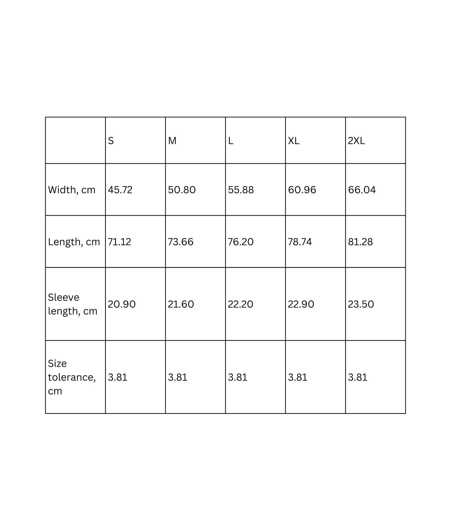 Sizing chart for Vintage Sunset Beach t-shirt with measurements for different sizes in cm.