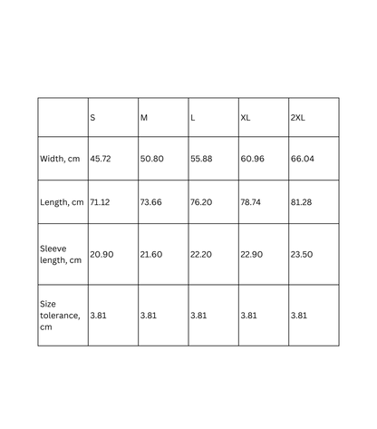 Sizing chart for Vintage Sunset Beach t-shirt with measurements for different sizes in cm.