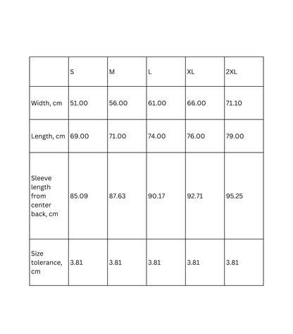Sizing chart for Vintage Sunset Beach Hoodie with measurements for different sizes in cm.