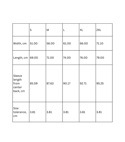 Size chart for Hooded Jumper Universe 'Baddie' Retro Design, detailing measurements for S to 2XL.