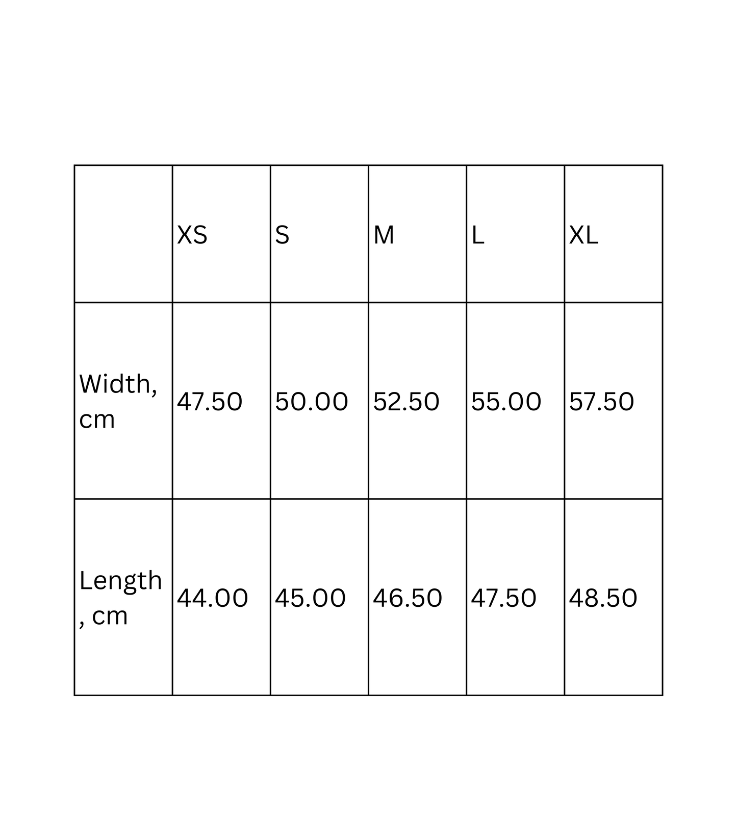 Size chart for women's Crop Tee Baddie shirt with width and length measurements in centimeters for XS to XL.