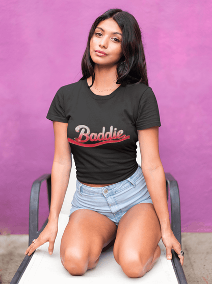 Trendy black women's crop tee featuring 'Baddie' in liquid red text design, perfect for stylish streetwear looks.