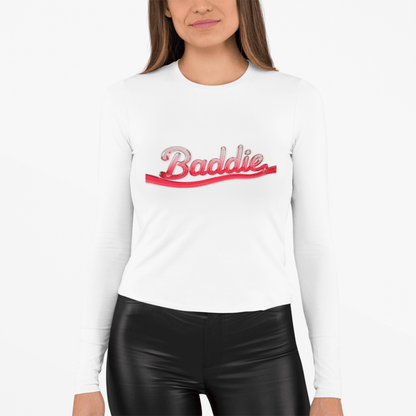 Trendy white long sleeve tee featuring 'Baddie' in liquid red text design, perfect for stylish streetwear looks.