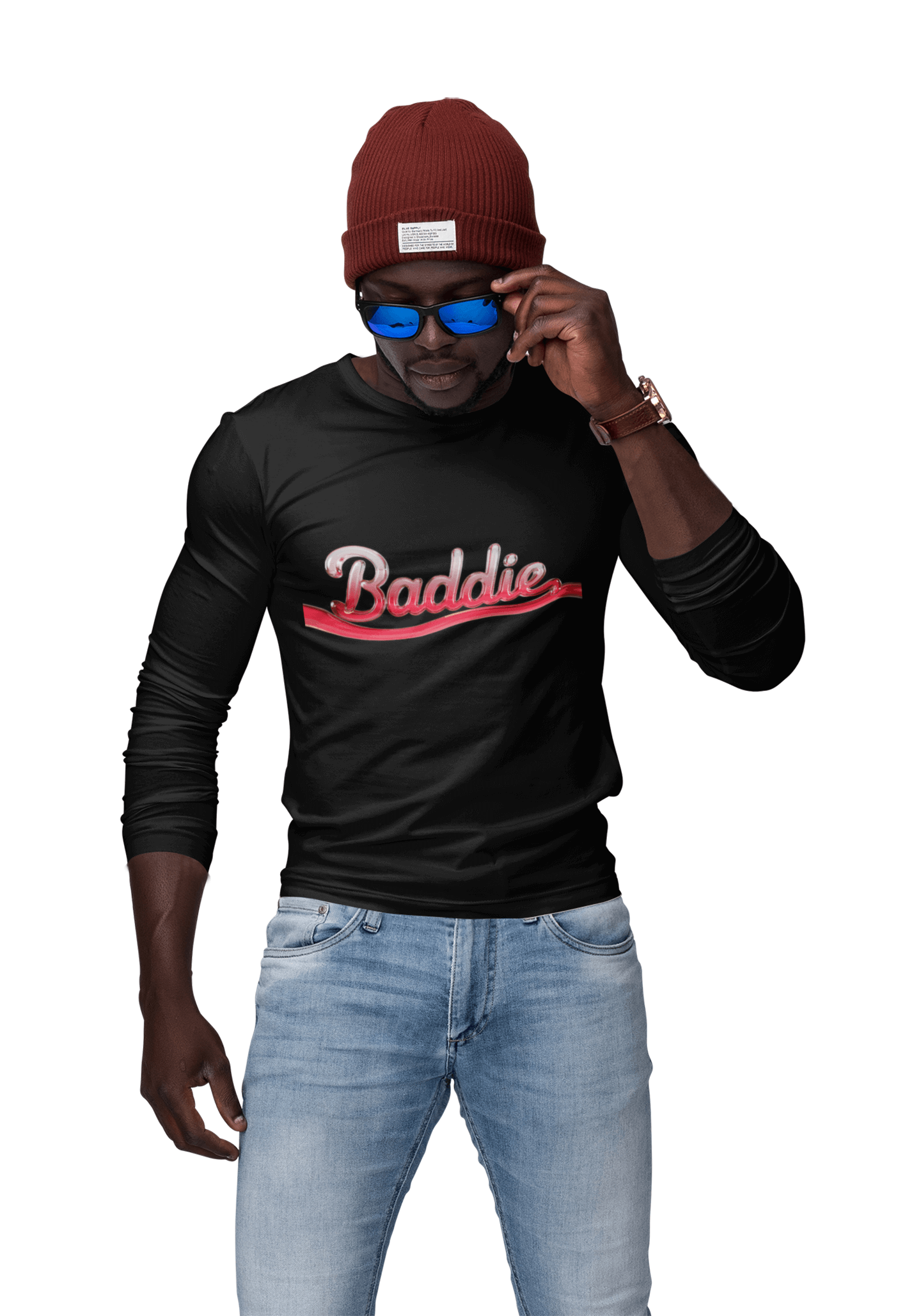 Trendy long sleeve tee featuring liquid red text design 'Baddie', perfect for cool, edgy streetwear fashion.