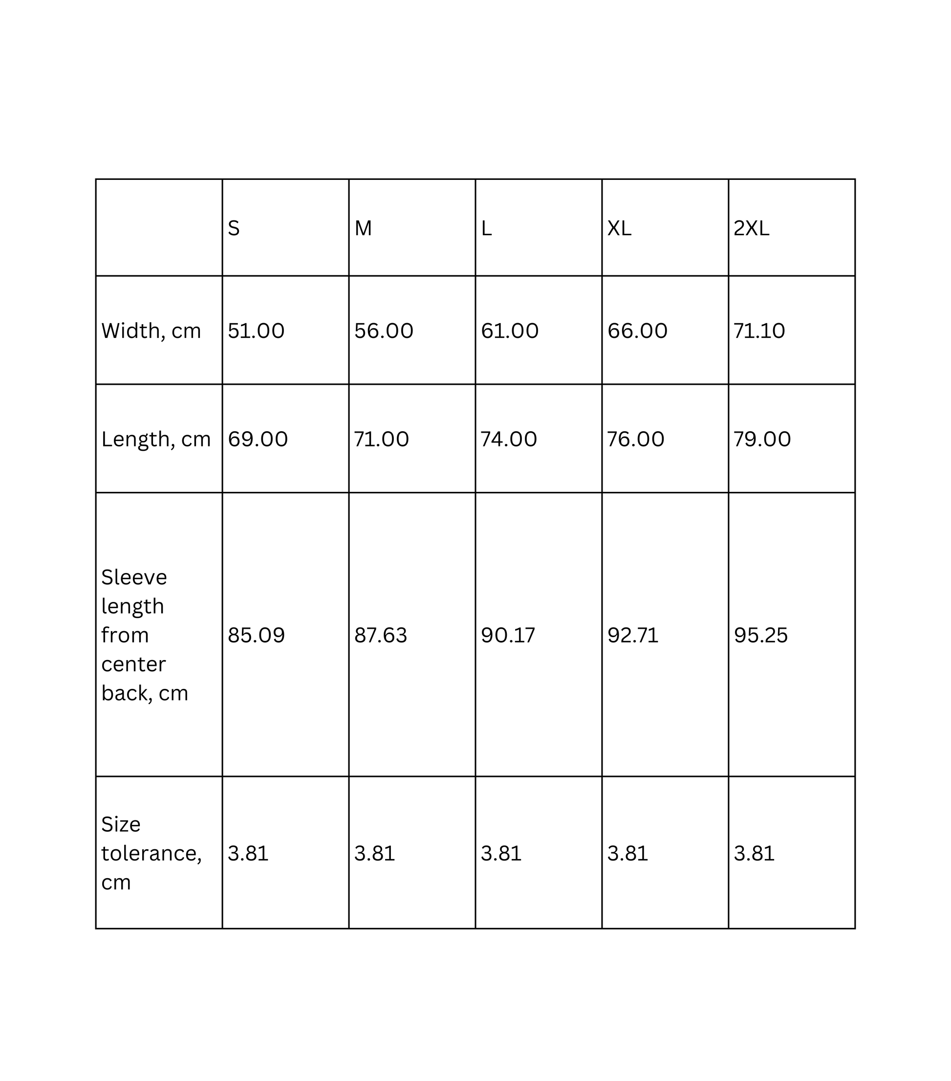 Size chart for hoodie with measurements in centimeters for S, M, L, XL, and 2XL.