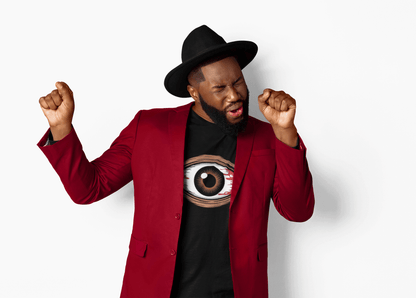 Black unisex long sleeve tee with a spooky bloody brown eye design, perfect for music festivals and Halloween celebrations.