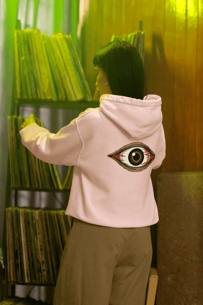 Unisex Bloody Brown Eye hoodie, perfect for music festivals and Halloween, shown with unique design and cozy fit.