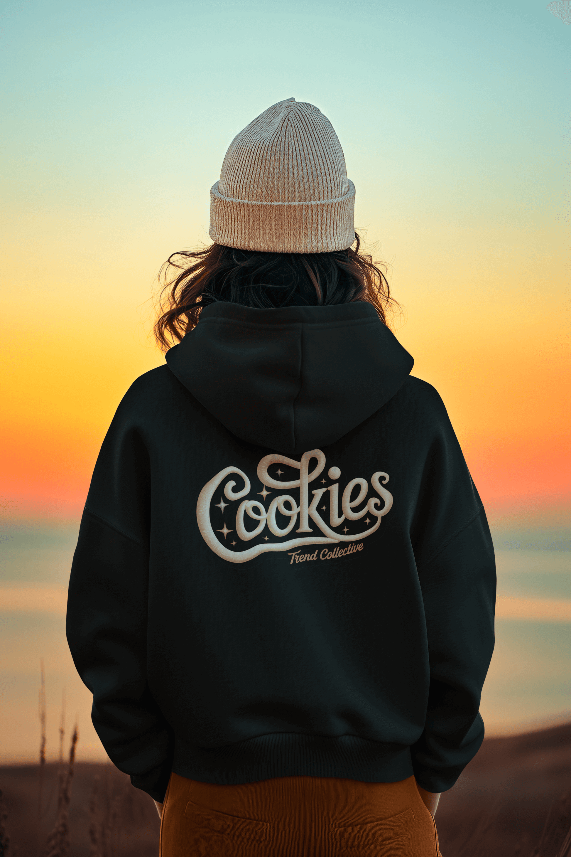 Back view of a person wearing a hooded sweatshirt with vintage 'Cookies Trend Collective' design against a sunset backdrop.