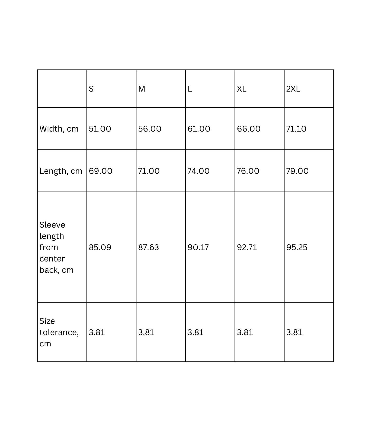 Size chart for hooded sweatshirt showing measurements in cm for S, M, L, XL, and 2XL sizes.