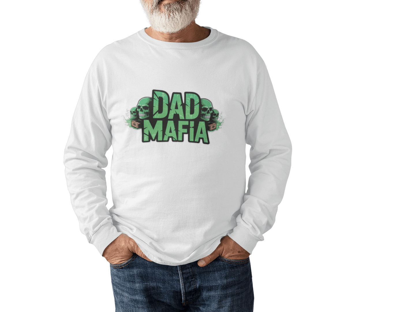 Model wearing a bold unisex DAD MAFIA long sleeve T-Shirt with neon green accents and stylized skulls.