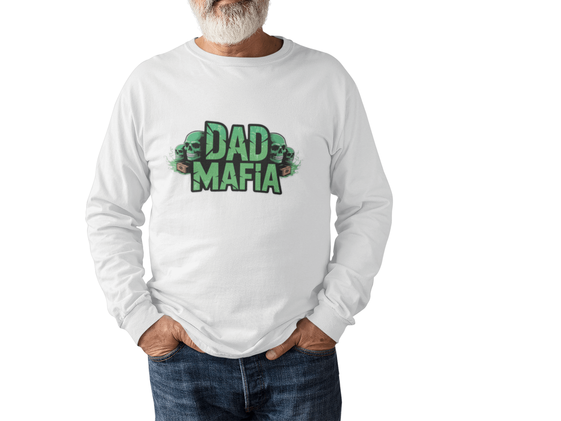 Model wearing a bold unisex DAD MAFIA long sleeve T-Shirt with neon green accents and stylized skulls.
