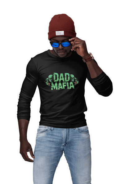 DAD MAFIA unisex long sleeve T-shirt in black with neon green lettering and stylized skulls for bold statement style.