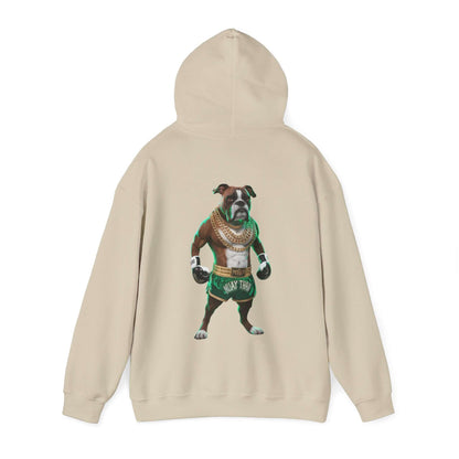 Boxer dog dressed as a Muay Thai fighter wearing gold chains on hoodie back, perfect for dog lovers.
