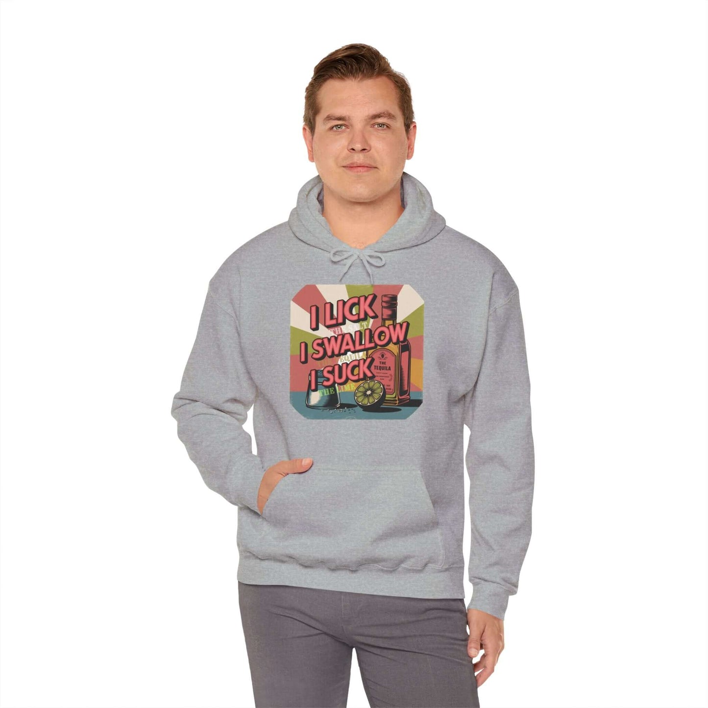Funny hoodie with playful retro design featuring humorous text on a cozy gray sweatshirt.