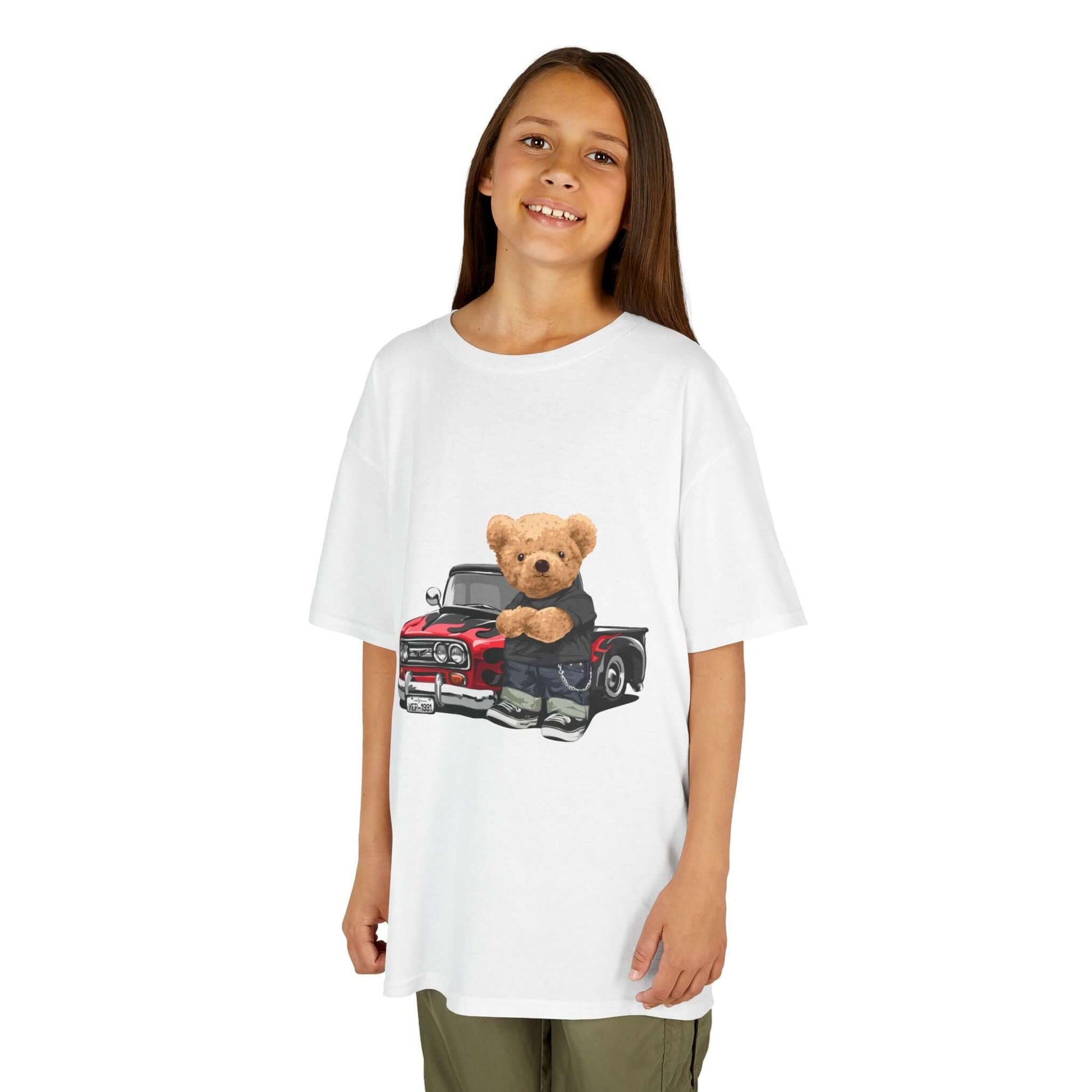 Cute white kid's tee featuring a cute teddy bear with a cool vintage pickup truck design, perfect for car lovers.