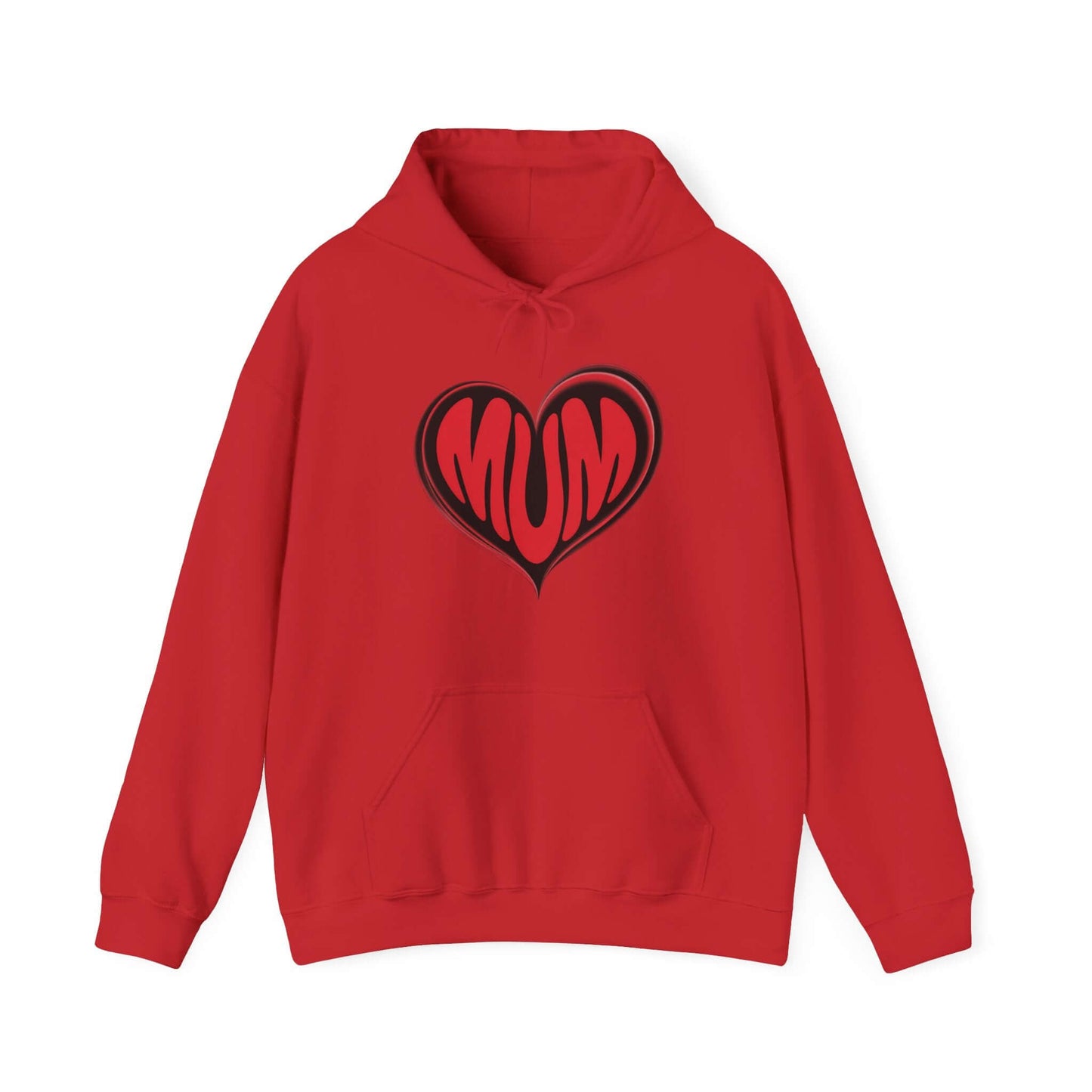 Red hoodie with 'MUM' text in heart design, perfect for Mother's Day, cozy and stylish unisex sweatshirt.