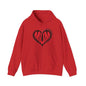 Red hoodie with 'MUM' text in heart design, perfect for Mother's Day, cozy and stylish unisex sweatshirt.