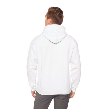 Back view of a white hoodie featuring a spacious kangaroo pocket, ideal for casual and urban wear.