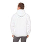 Back view of a white hoodie featuring a spacious kangaroo pocket, ideal for casual and urban wear.