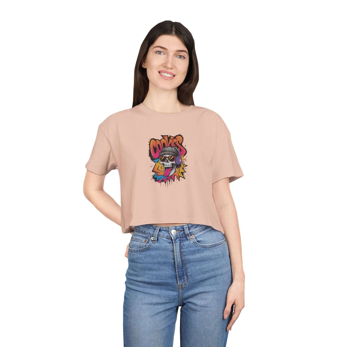 Crop Tee with colorful graffiti skull design and 'COOKIES' text, perfect for trendy urban fashion.