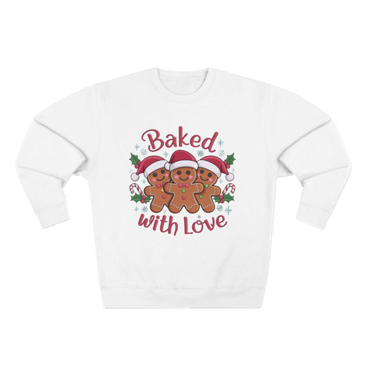 Crewneck sweatshirt with gingerbread men design and "Baked with Love" text, perfect for holiday festivities.