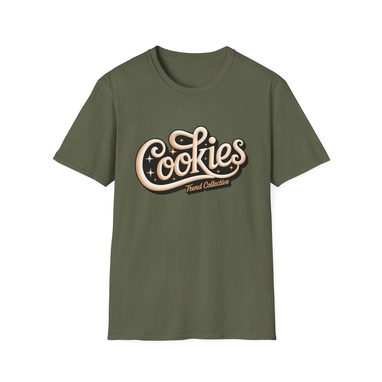Cookies Trend Collective T-Shirt in olive green with stylish cursive logo style design.