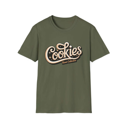 Cookies Trend Collective T-Shirt in olive green with stylish cursive logo style design.