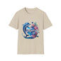 Dolphin holding a heart with 'Mum' text and flowers on a beige T-shirt, perfect for Mother's Day.