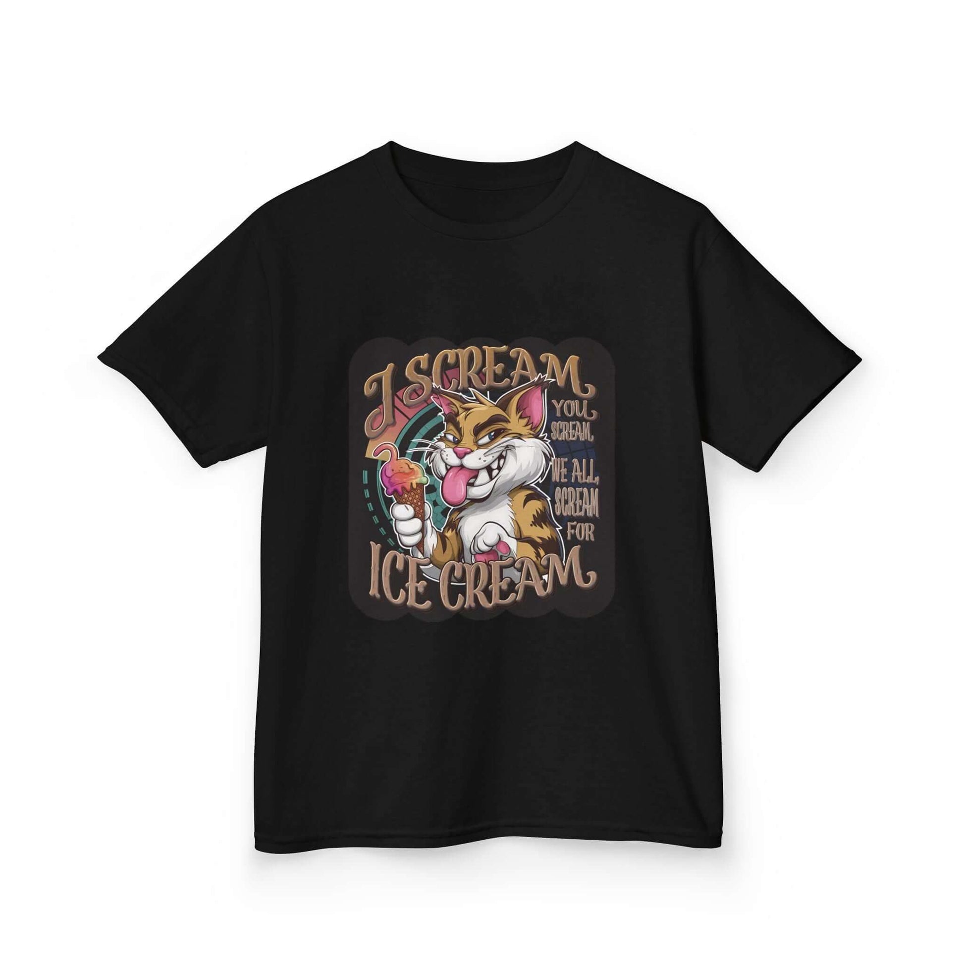 Kids Tee featuring playful cat eating ice cream design with text "I SCREAM, you scream, we all scream for ICE CREAM".