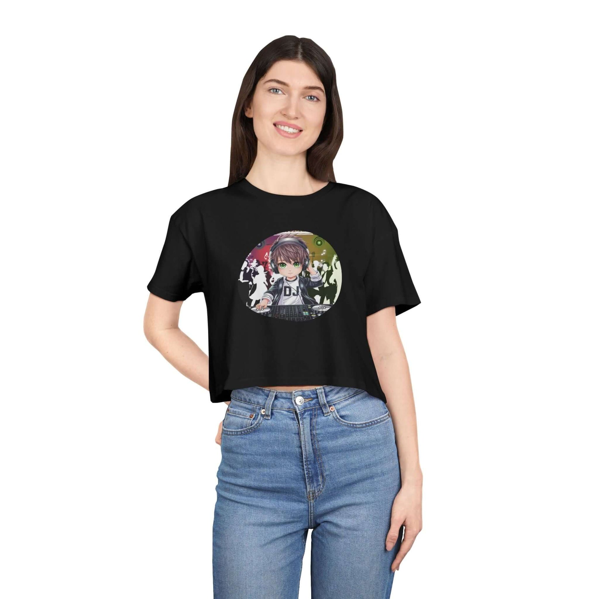 Black ladies crop top featuring a DJ chibi boy playing decks, perfect for young music lovers and party enthusiasts.