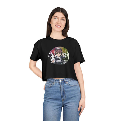Black ladies crop top featuring a DJ chibi boy playing decks, perfect for young music lovers and party enthusiasts.