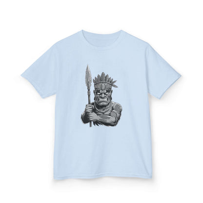 Kids Tee featuring a black and white Tiki character with spear, perfect for fun and playful fashion.
