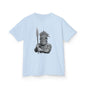 Kids Tee featuring a black and white Tiki character with spear, perfect for fun and playful fashion.
