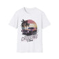 Vintage muscle car sunset T-shirt with 'Cruising Vibes' text and palm trees, perfect for retro style and casual wear.